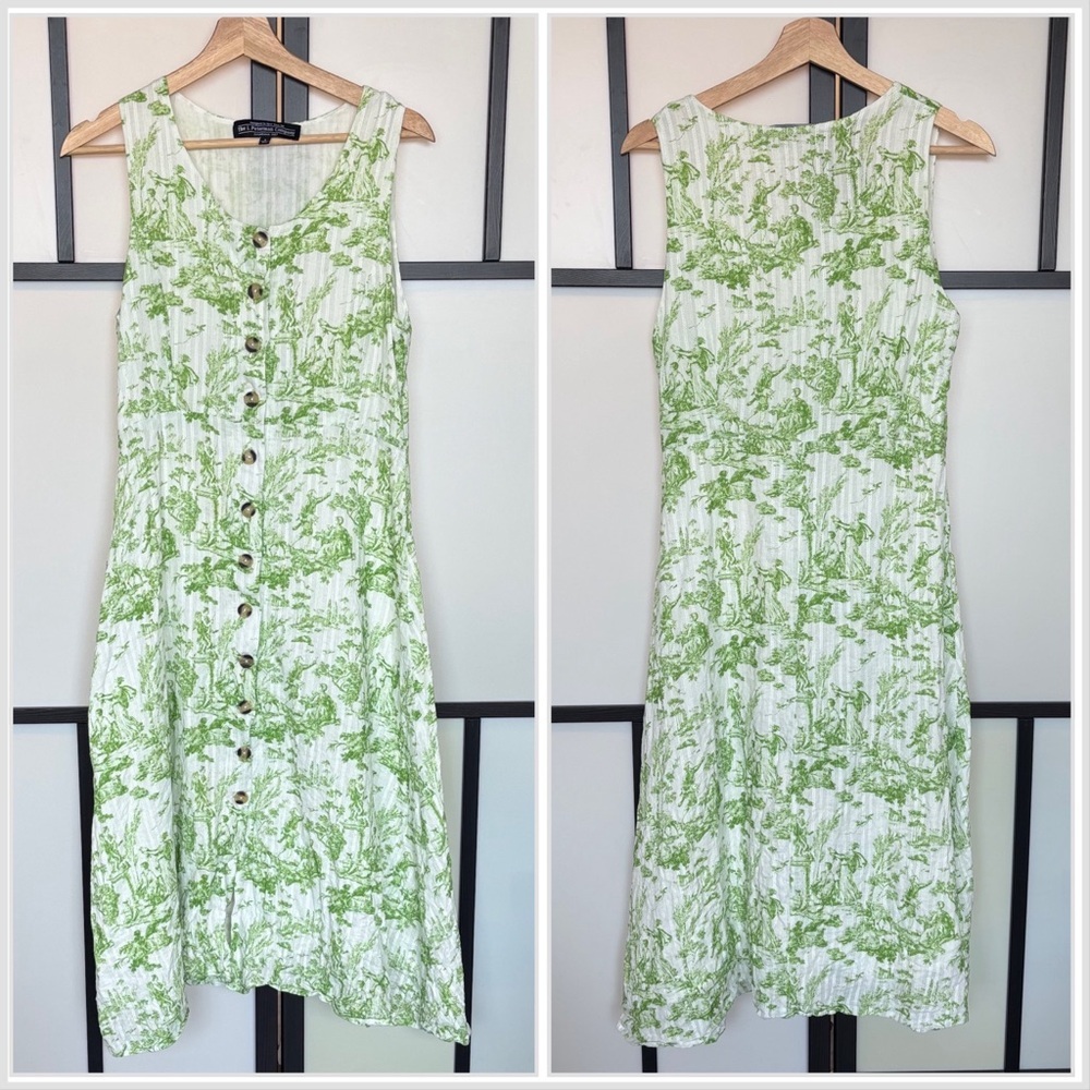 The J Peterman‎ Company Button Front Shirt Dress 6 Green Toile Print Prairie Art